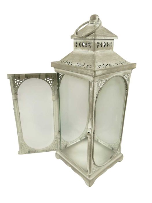 Set 3 felinare gri din fier si sticlă, H 25/34/50 cm, model vintage