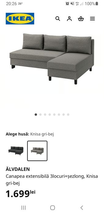 Canapea Ikea Alvdalen 3 locuri+sezlong gri