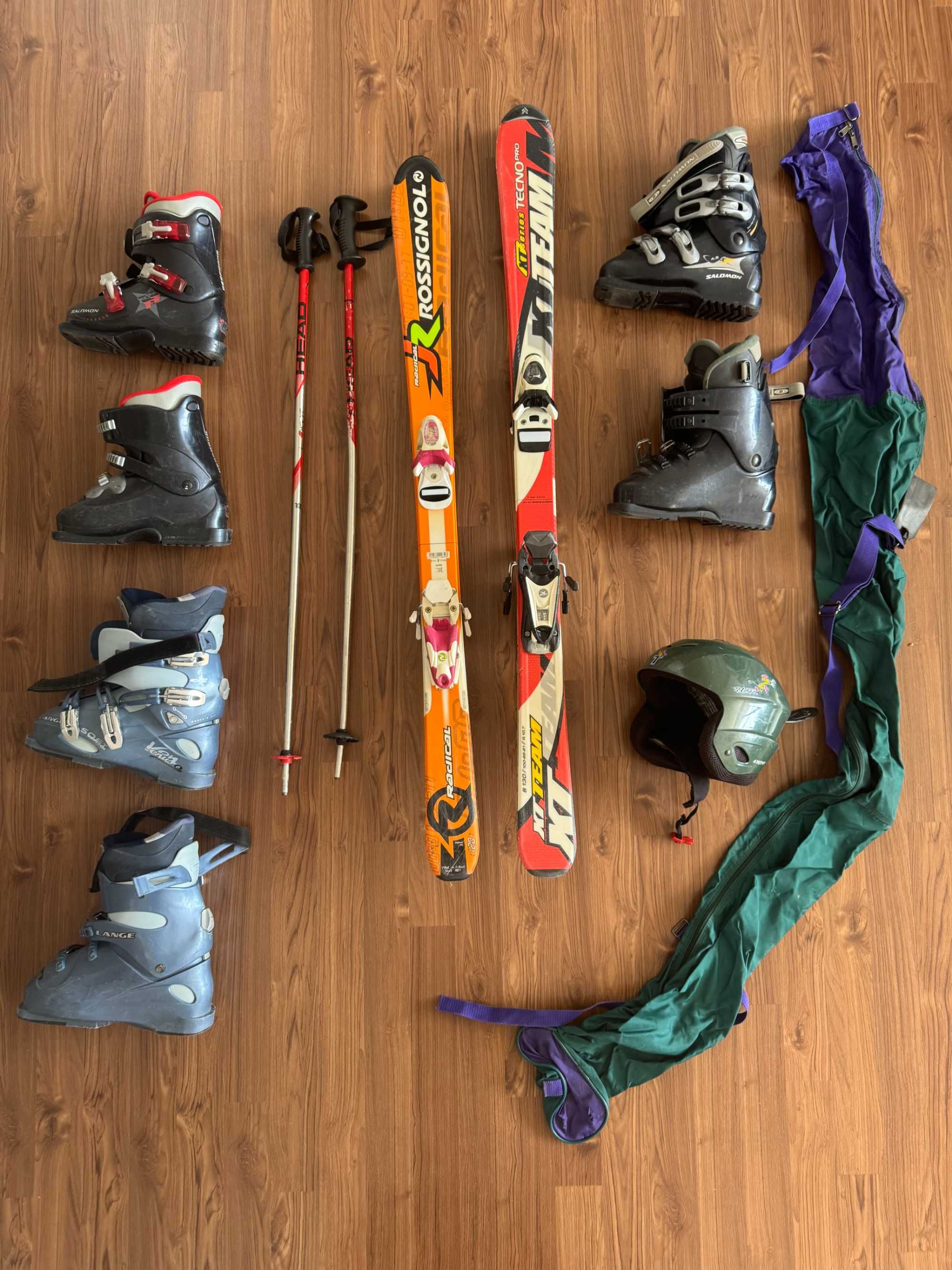 Горные лыжи ROSSIGNOL и TECNO, ботинки SALOMON и LANGE, палки и шлем