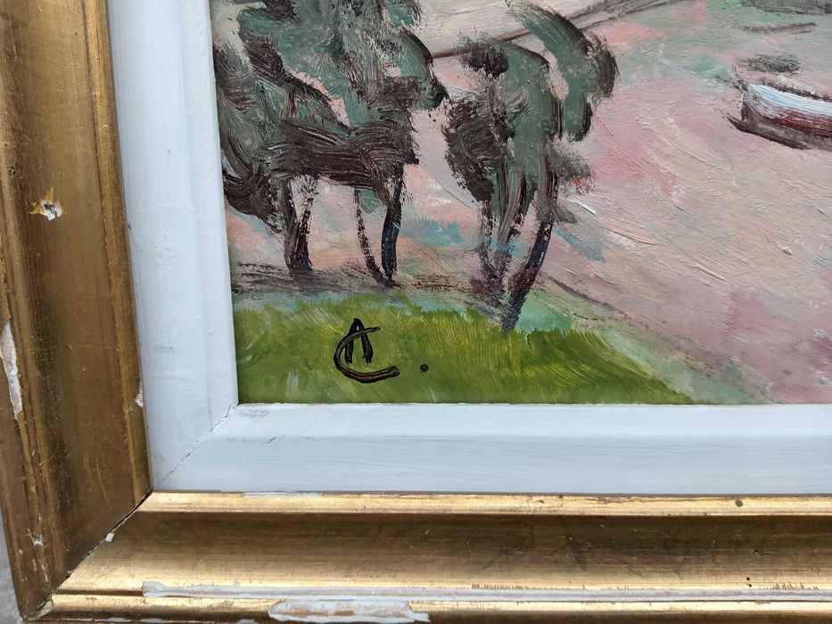 Tablou vechi - peisaj la mediterana - semnat AC ( Ciucurencu )