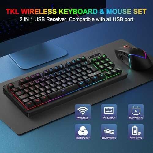 Нова Безжична гейминг клавиатура мишка RGB TKL UK Layout за PC/конзоли