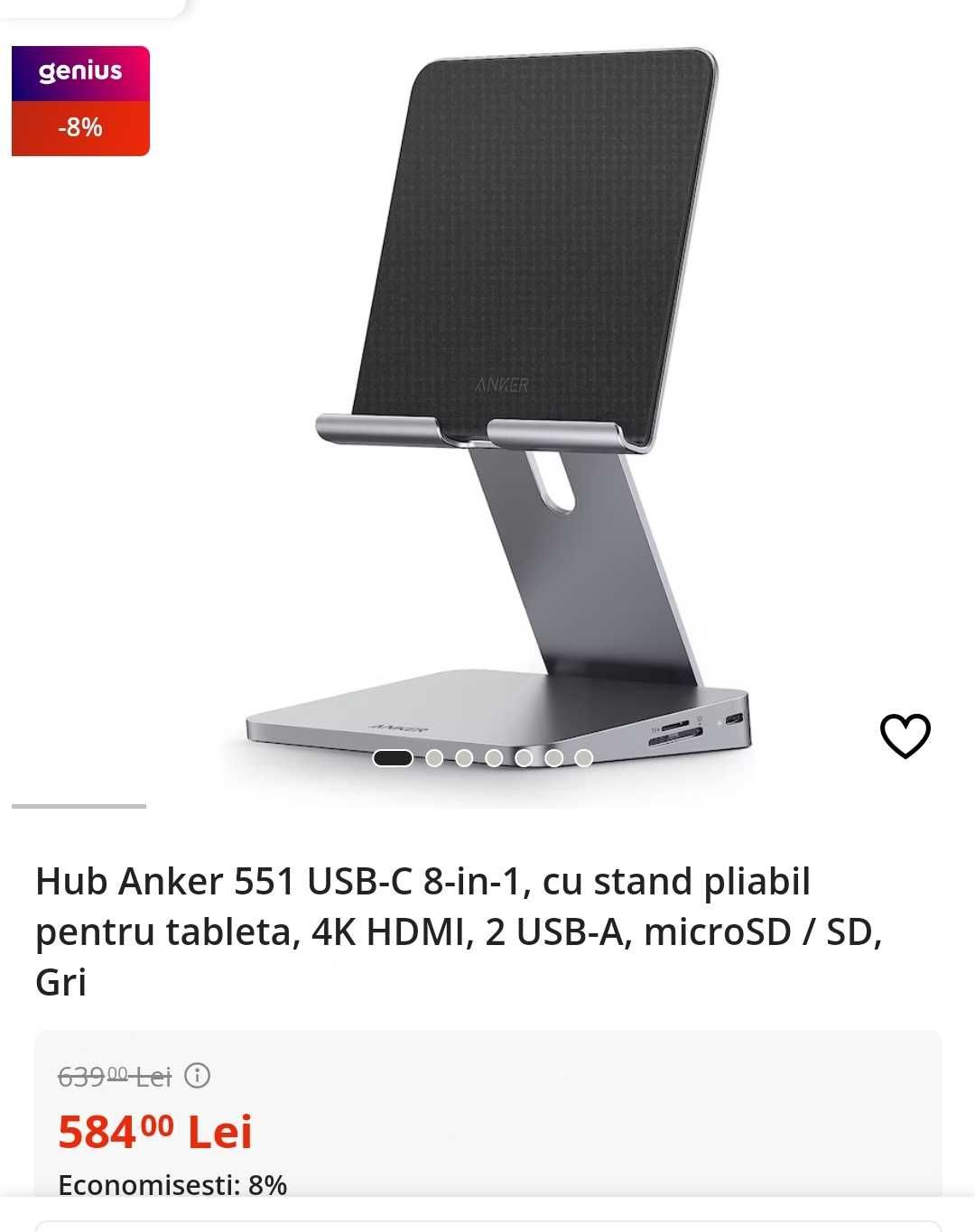Anker 551 USB-C Hub 8-in-1 4K 60Hz Tablet Stand (opțiune încărcător)