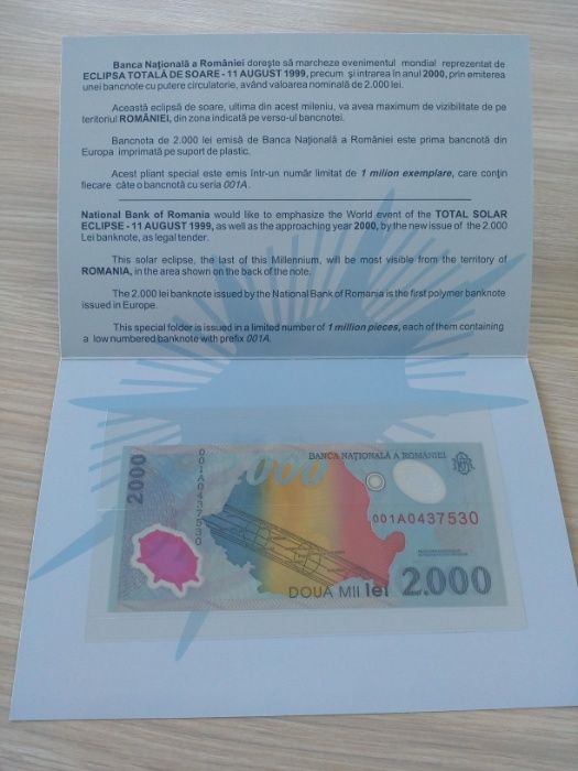 Bancnote cu eclipsa totală de soare din 1999 serie limitată BNR