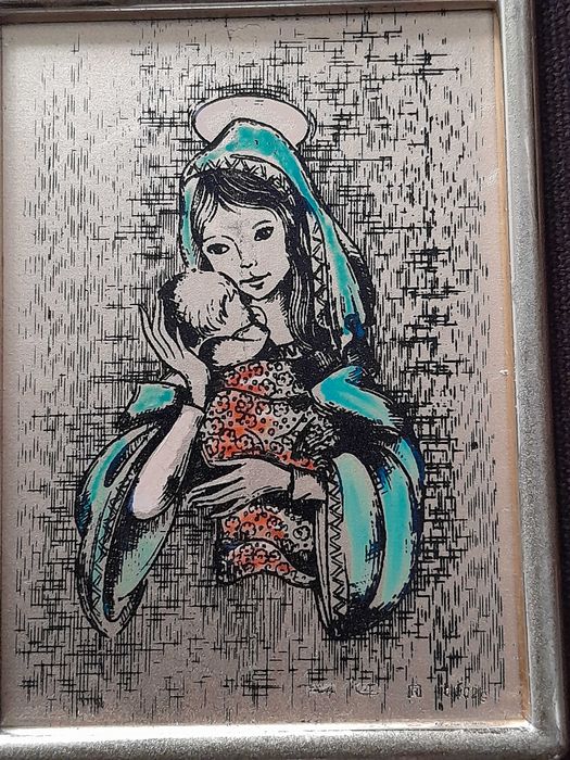 Tablou/pictură pe foiță aur 22K marcat - Madona cu pruncul - 22x20 cm