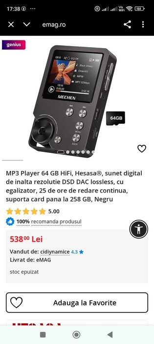 Vând MP3 de 64 GB de înaltă rezoluție nou cu egalizator redă 25 ore