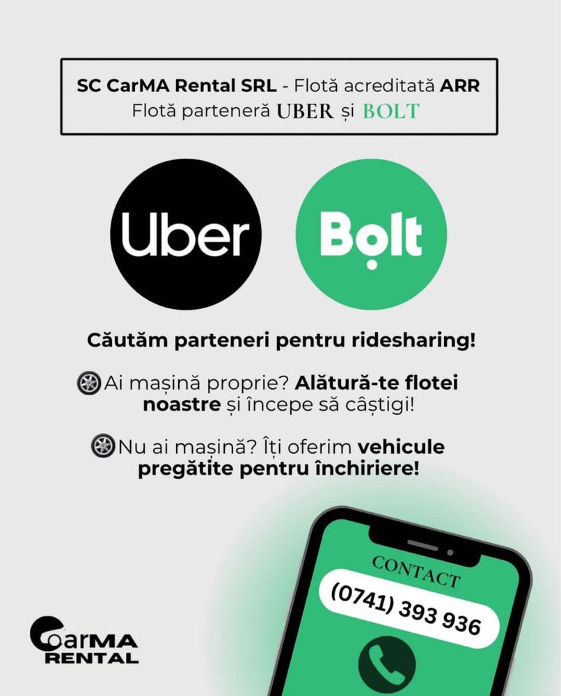 Închirieri auto termen scurt/ridesharing (Bolt/Uber)