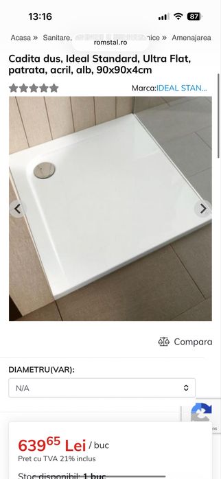 Cadita dus, Ideal Standard, Ultra Flat, patrata, acril, alb, 90x90x4cm