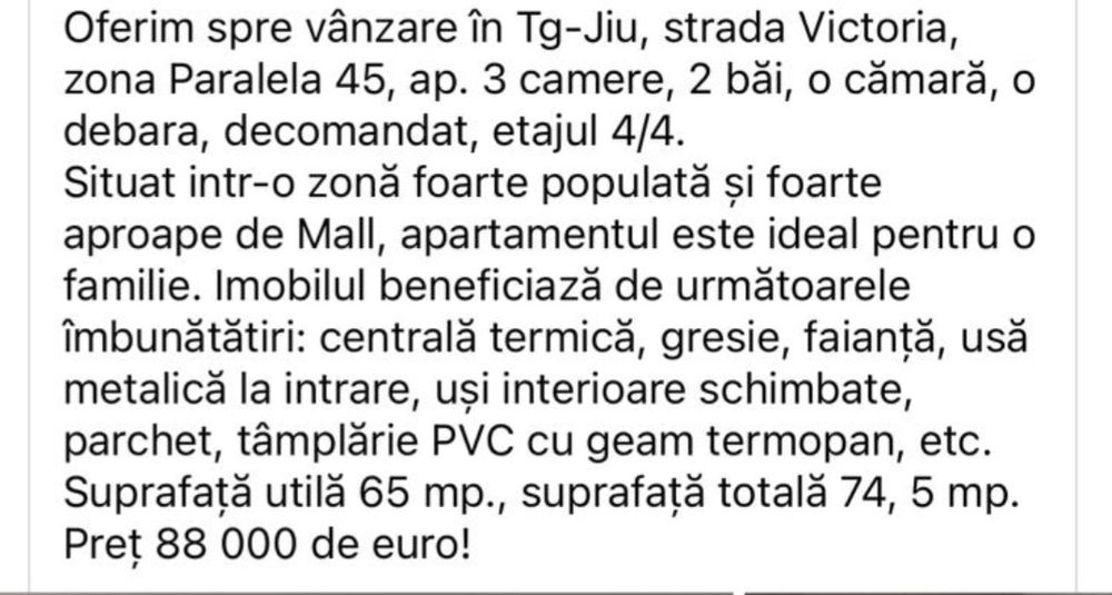 Targu Jiu Ultracentrala Strada Victoriei 3 decomandate 88000 euro