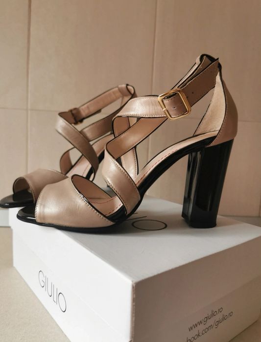 Sandale GIULIO crem /bej/ nude + negru piele naturala