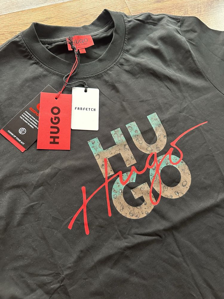Мъжка,памучна,черна тениска Hugo BOSS с двойно лого