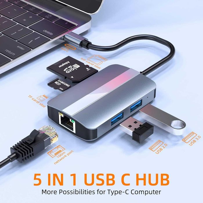 Hub usb-c 5 in 1, cititor carduri SD/TF, usb, port ethernet, Pret Fix