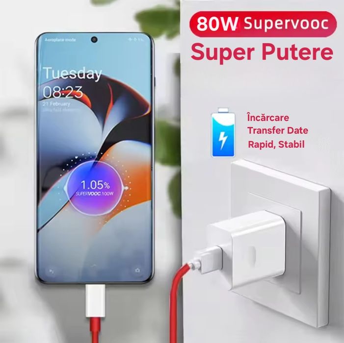 Încărcător+Cablu SuperVOOC 80W pt OnePlus, OPPO, Realme. Charge&Date.