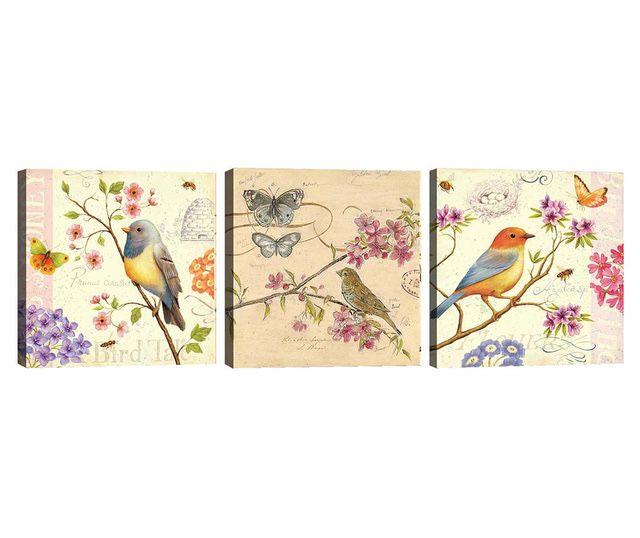 Set 3 tablouri Tablo Center, Birds, imprimat pe 100% bumbac, 30x30 cm