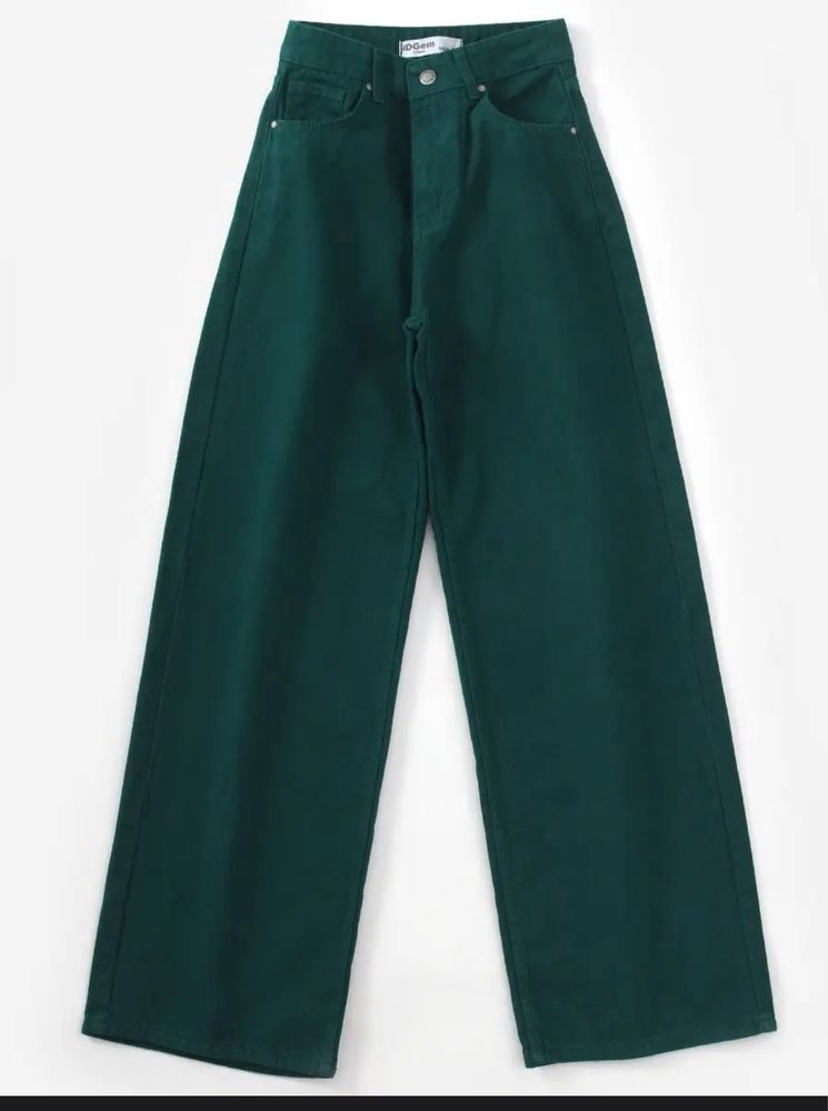 зеленые широкие джинсы на высокой посадке