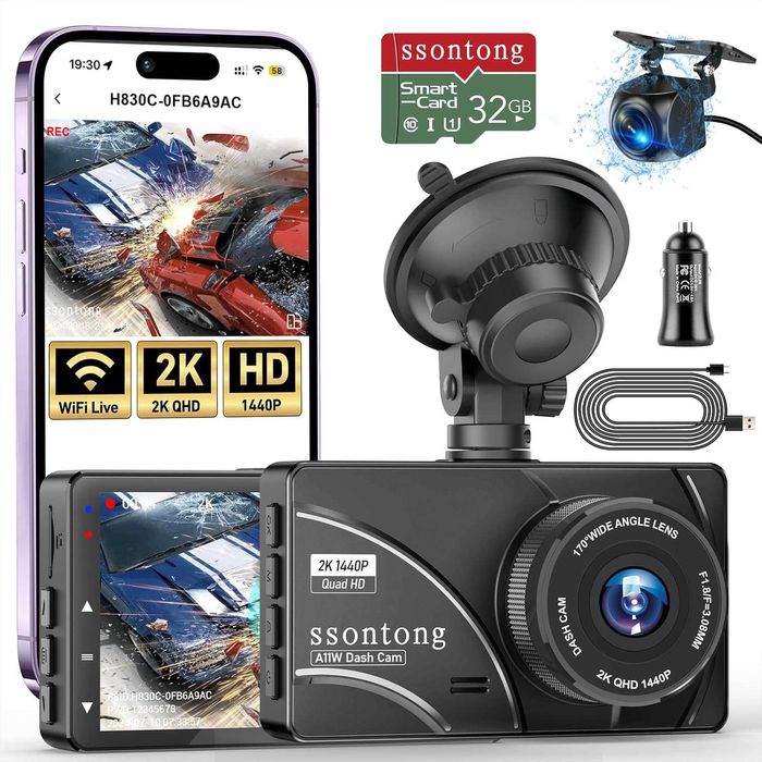 Dash Cam отпред и отзад, 2K, WiFi/БЕЗПЛАТНО ПРИЛОЖЕНИЕ, отпред 170°