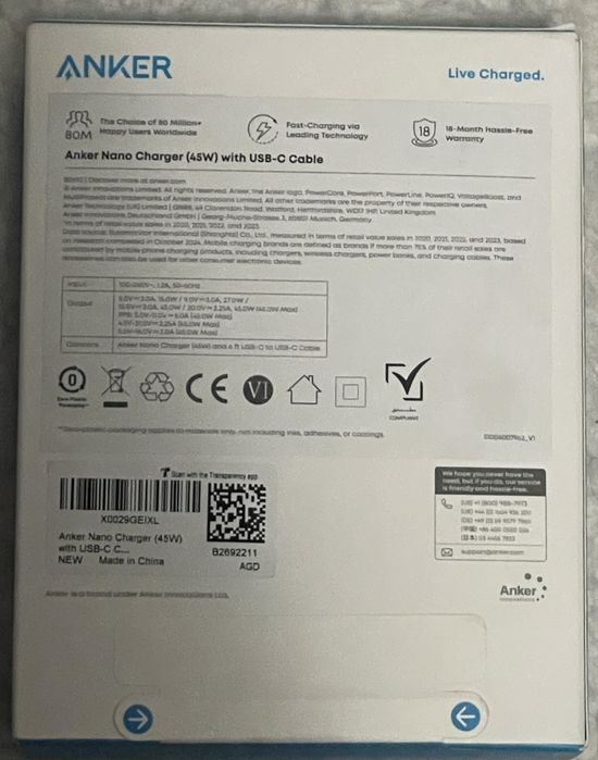 Încărcător Anker Nano (45W) + Cablu USB-C – NOU, Sigilat