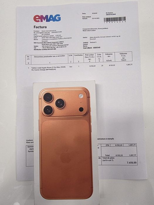 Iphone 17 Pro Max 5G Cosmic Orange 256Gb Sigilat Factură 2ANI GARANȚIE