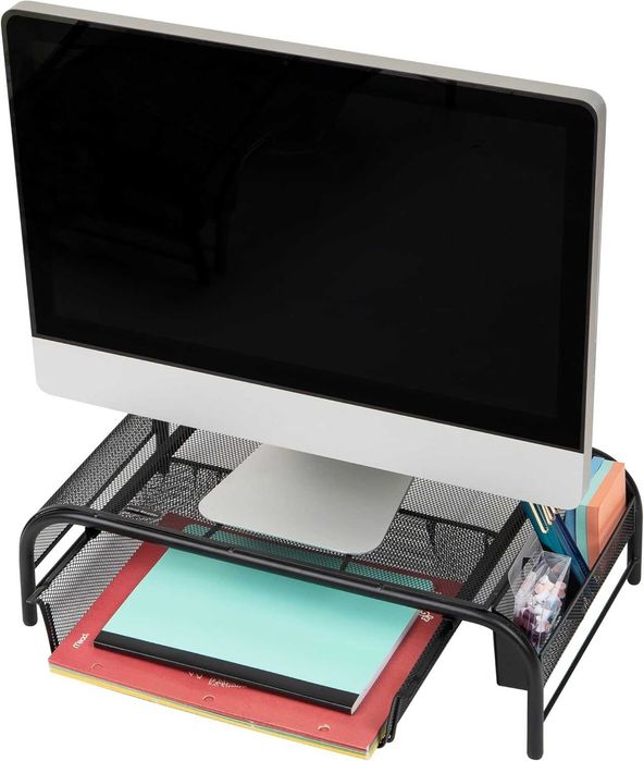 Stand monitor plasa metalica cu sertar si rafturi laterale ergonomic