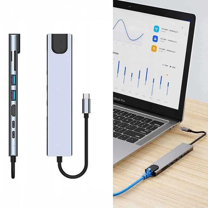 USB-C HUB адаптер 8 в 1 – HDMI, 2×USB, 2×USB-C, RJ45, SD/TF