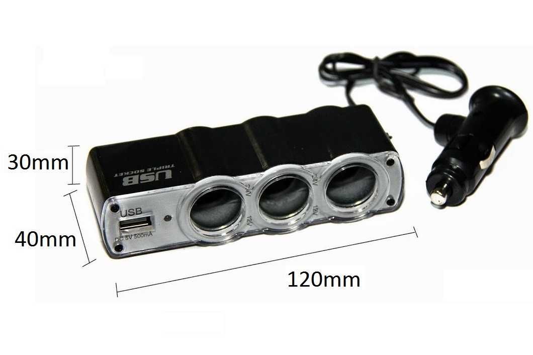 Adaptor / Splitter triplu bricheta auto, 12/24V, 3 iesiri si port USB