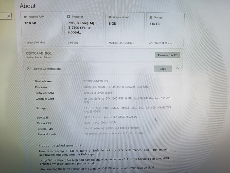 Геймър Компютър с монитор i7-7700, 3.6 ghz.
32 ram
Видео картаGTX1060,