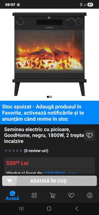 Semineu electric cu picioare 2 trepte 800w/1800w stare impecabilă