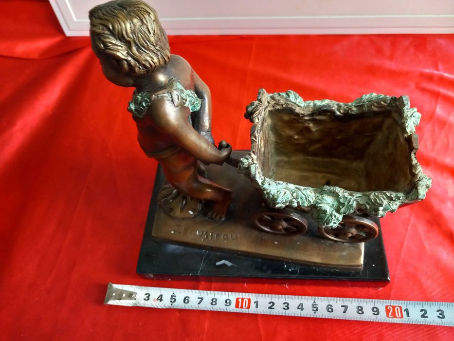 Jacques Bousseau Стара Бронзова Статуетка Херувим с Количка