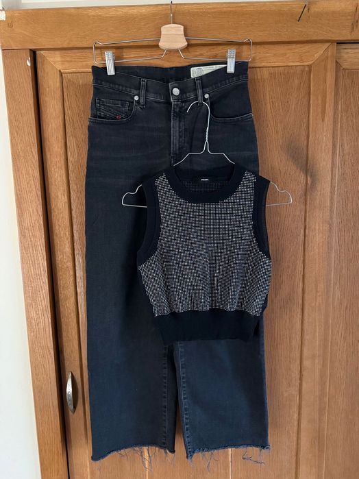 Diesel сет кроп дънки с висока талия и прав крачол кроп топ с камъчета