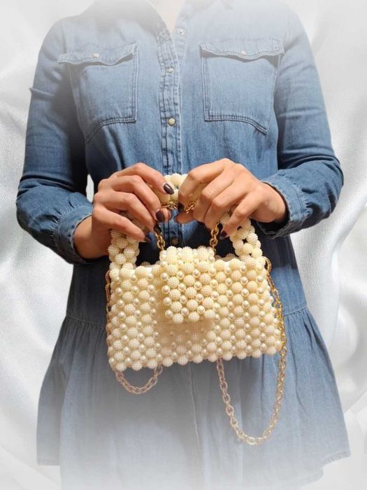 Сумка из бусин — жемчуг+шамбала, с подкладом и пыльником