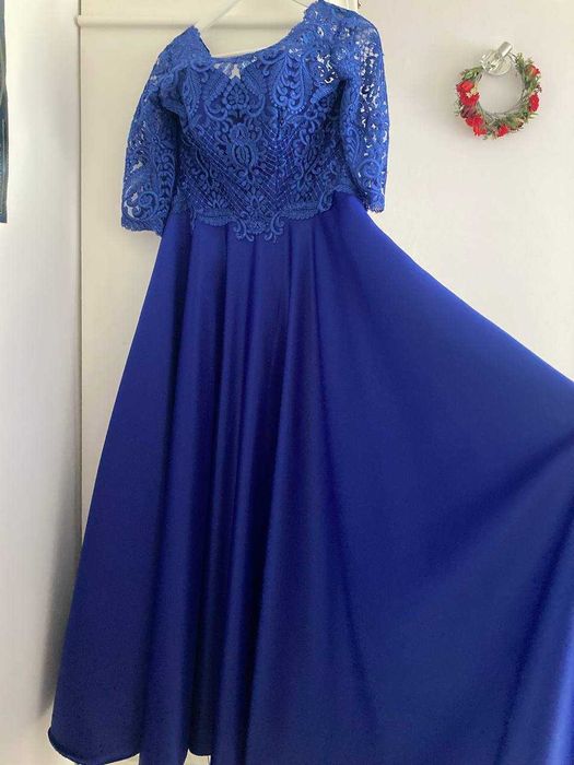 Rochie de Sateen Albastră cu Detalii de Dantelă - Mărimea 44