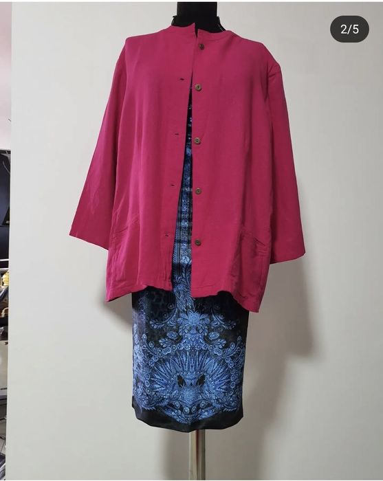 Sacou fucsia din fibre naturale, cu maneci 3/4, buzunare laterale