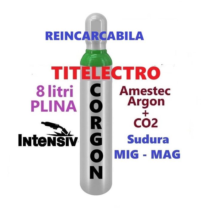 Butelie tub corgon 8 litri PLINA, amestec argon CO2, sudura MIG-MAG