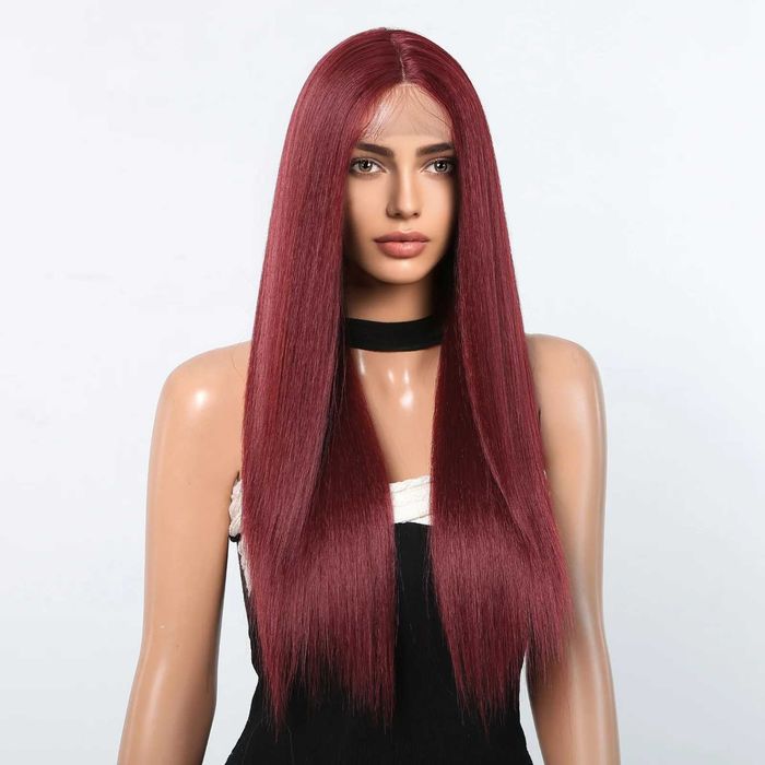 73 см Тъмно червена бургунди бордо права перука с дантела 13x4x1