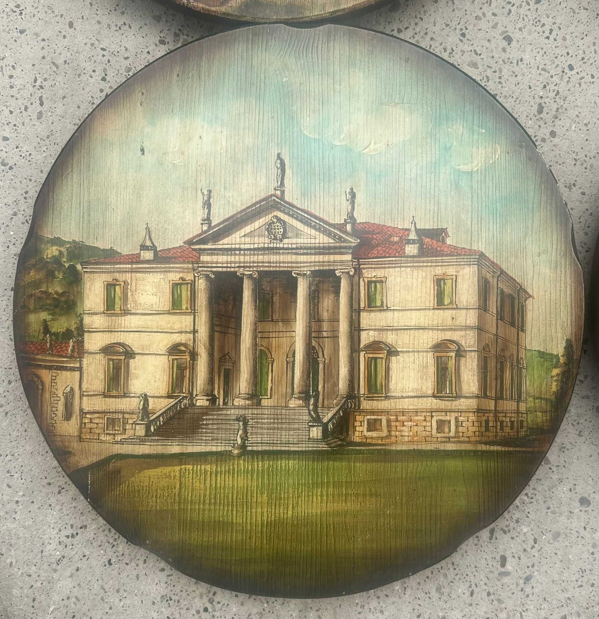 4 tablouri rotunde Cladiri si Peisaje Medievale, Picturi pe lemn 45 cm