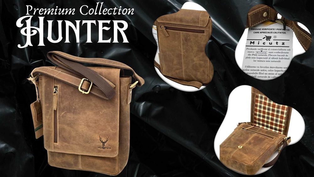 Borsete Barbati Umar din Piele Naturala Hunter Vintage, Maro/Coniac