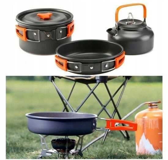 Set complet camping pentru gatit, din aluminiu, tigaie/oala/fierbator