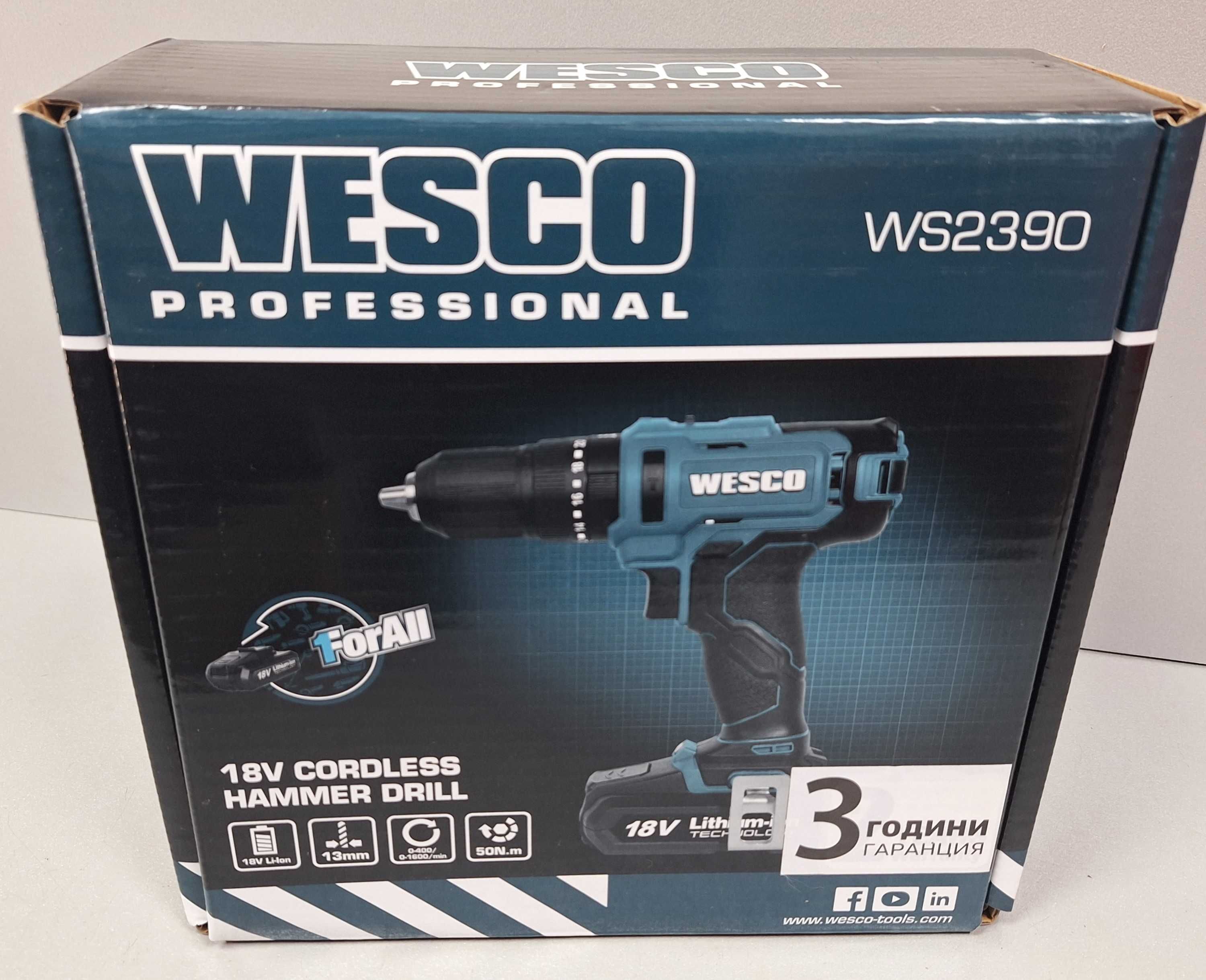 НОВА! Акумулаторна Бормашина/Винтоверт/ Wesco WS2390 18V 50Nm