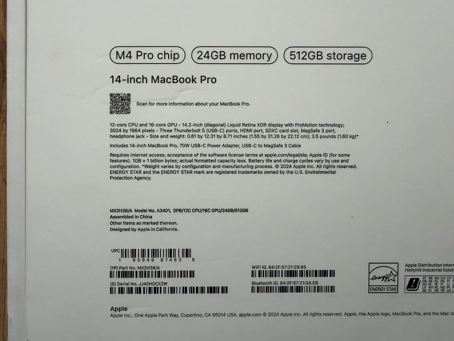 ЧИСТО НОВ MacBook Pro 14" M4 PRO Chip 12-CPU/16-GPU/24RAM/512SSD