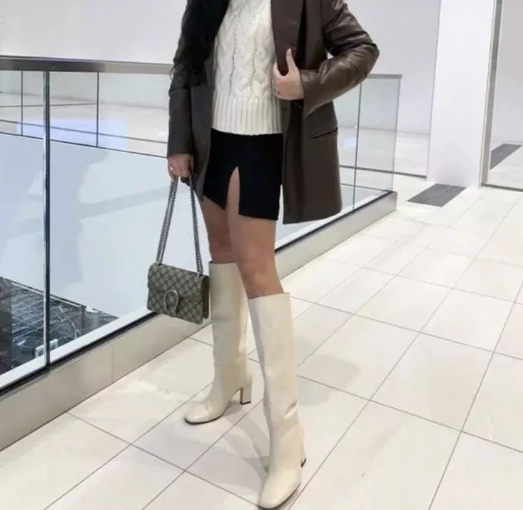 41 р-р Дълги бели ботуши от 100% естествена телешка кожа Zara