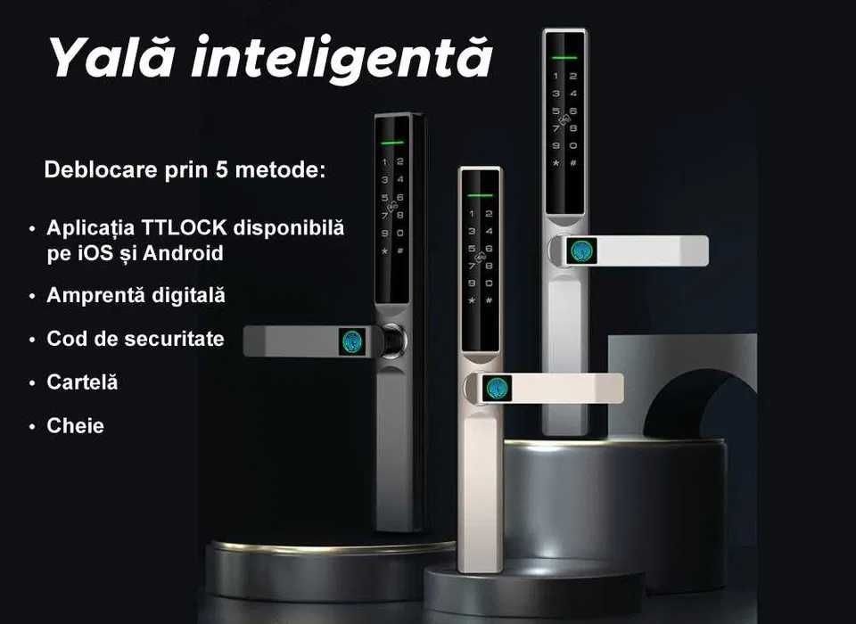 Yală inteligentă cu deblocare prin amprentă, parolă si aplicație