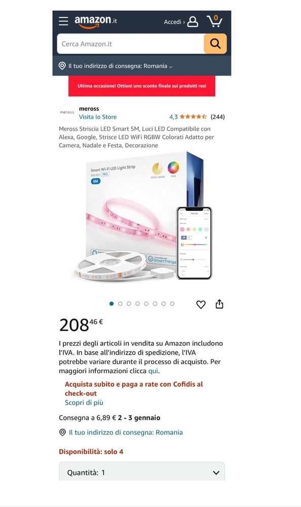 Banda Led Meross, Smart WiFi LED Strip MSL320 5m Control Vocal Noua