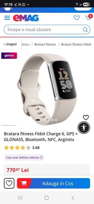Bratara fitness Fitbit Charge 6, GPS + GLONASS, Bluetooth, NFC, Argint