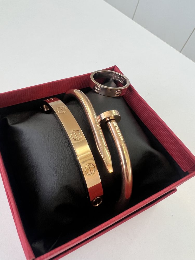 Set Bratari Tip Cartier Rose Gold Barbati 19 cm. Cadou Inel Love