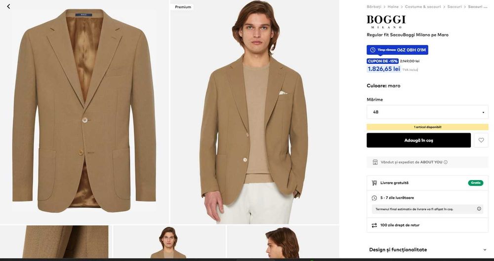 Sacou slim 52 XL de lux Boggi Milano NOU lana si in camel