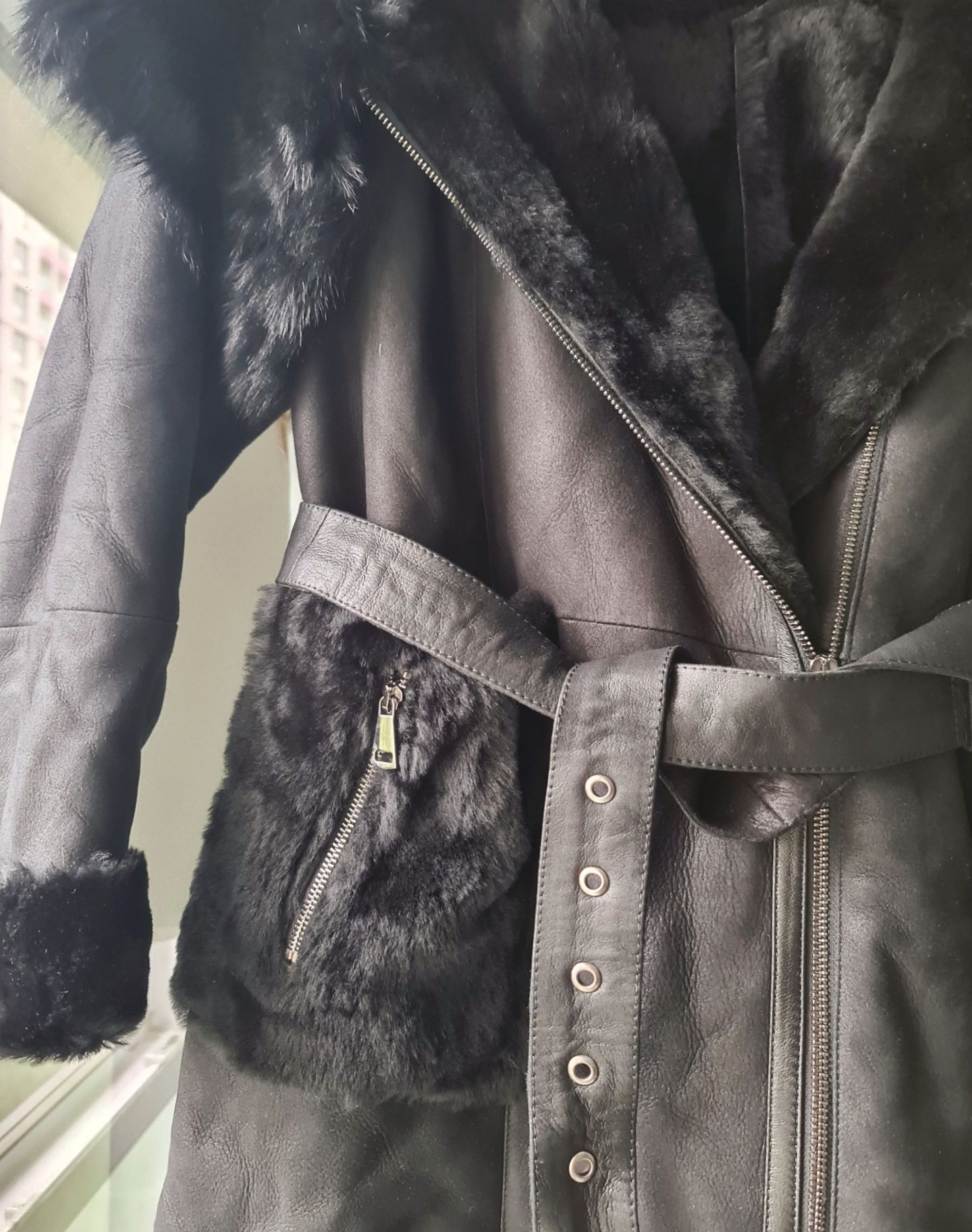 Cojoc lung de dama NOU - Piele naturala si blana PREMIUM, marime 44 EU