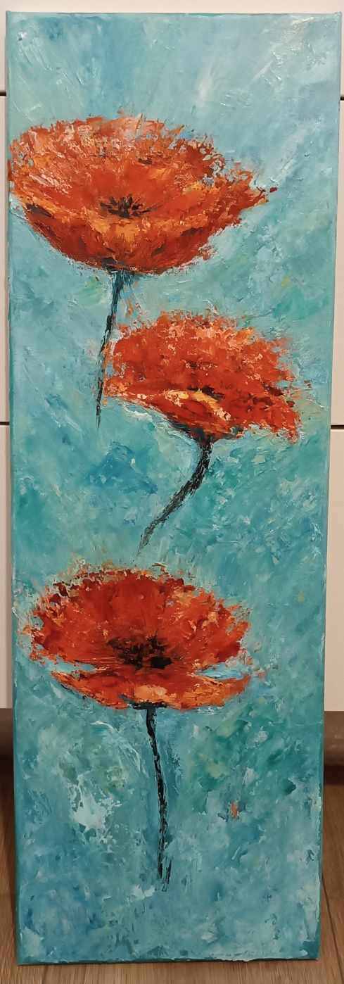 3 Tablouri in ulei pe canvas, " Poppies in the Wind..", 50/20 cm.