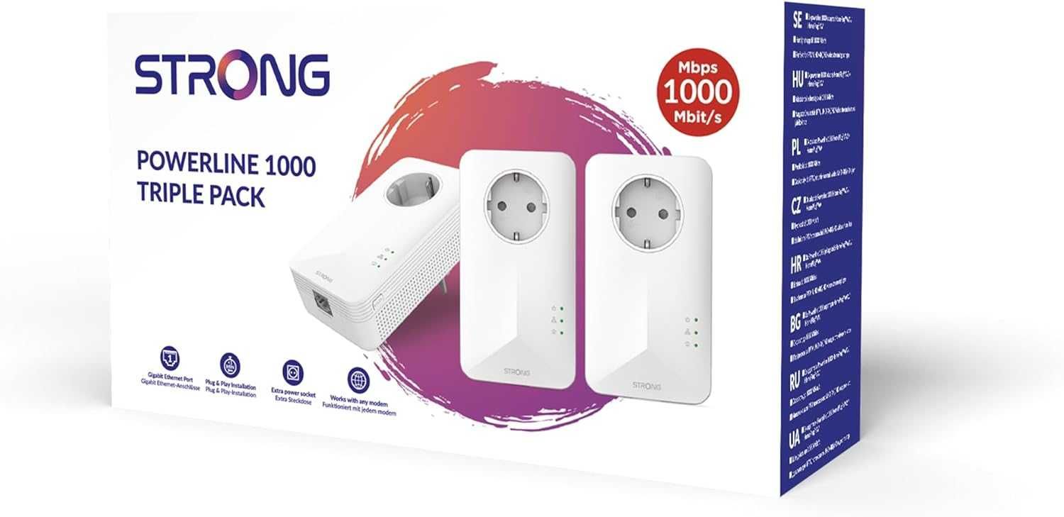 STRONG Powerline 1000 Троен пакет, 3 PowerLINE адаптера, 100 Mbit/s...