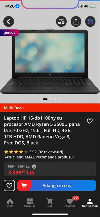 Laptop HP 15‑db1100ny (model 133V9EA) – Ryzen 5 3500U, Full HD