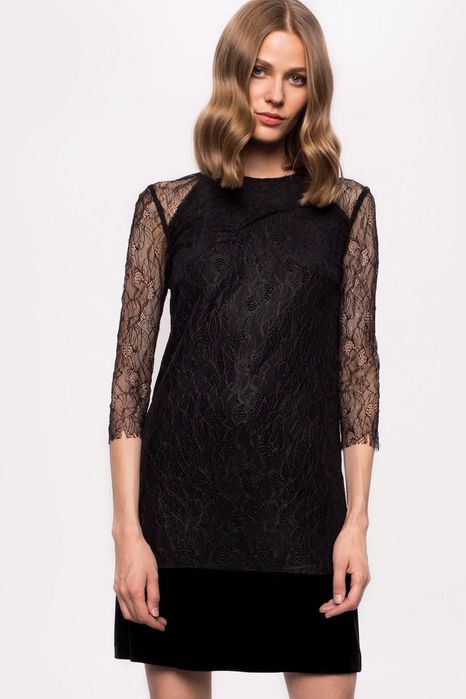 Rochie Nissa din catifea cu maneci din dantela