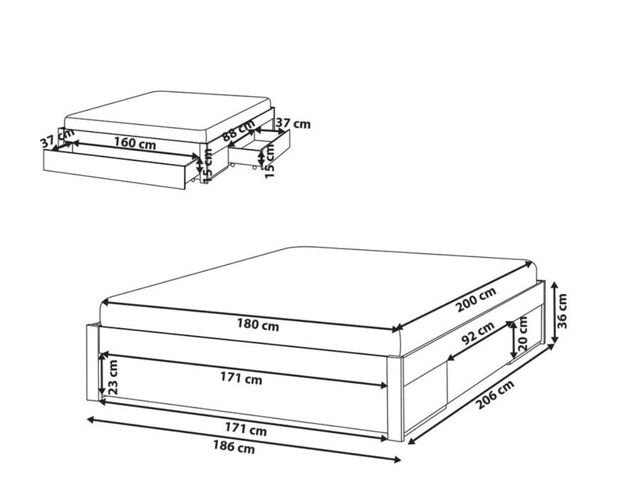 Pat 180X200 cu sertare, fără tablie